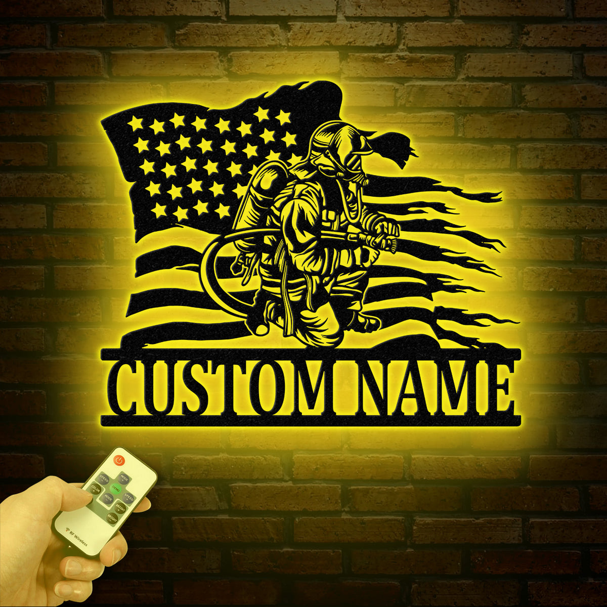Custom Firefighter US Flag Metal Wall Art with LED Light, Personalized Fireman Name Sign, Fire Department Decor for Home, Birthday, or Xmas