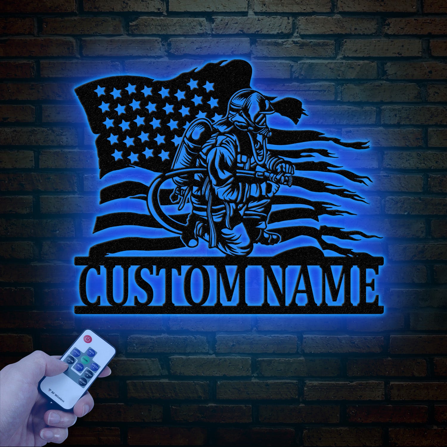 Custom Firefighter US Flag Metal Wall Art with LED Light, Personalized Fireman Name Sign, Fire Department Decor for Home, Birthday, or Xmas