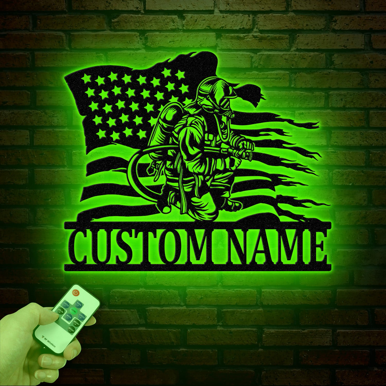Custom Firefighter US Flag Metal Wall Art with LED Light, Personalized Fireman Name Sign, Fire Department Decor for Home, Birthday, or Xmas