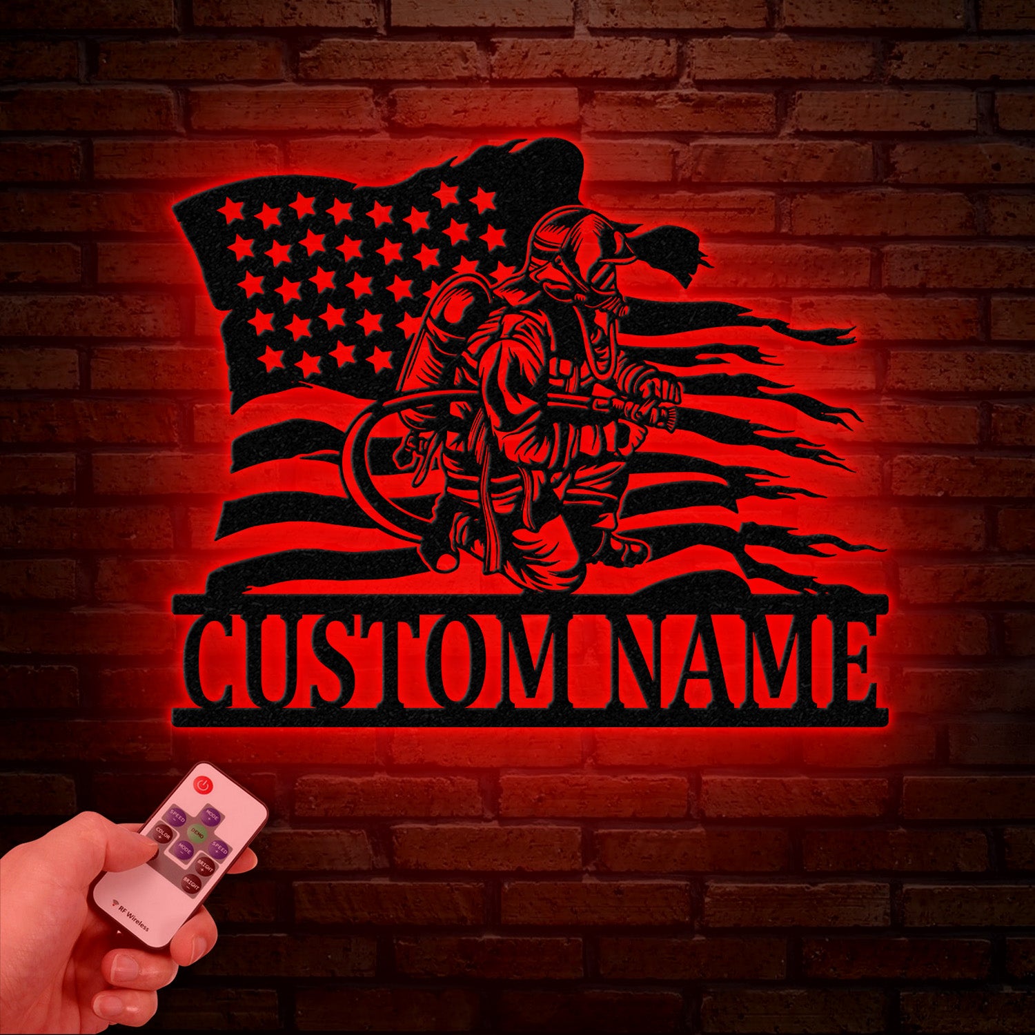 Custom Firefighter US Flag Metal Wall Art with LED Light, Personalized Fireman Name Sign, Fire Department Decor for Home, Birthday, or Xmas