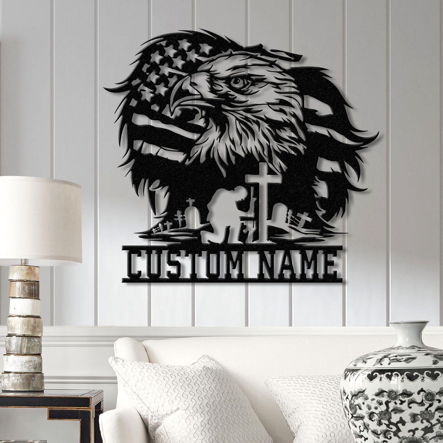 Custom Eagle Kneeling Soldier Metal Wall Art Led Light, US Soldier Metal Sign Veteran Name Sign, Patriotic Gift Veteran Gift, Memorial Sign