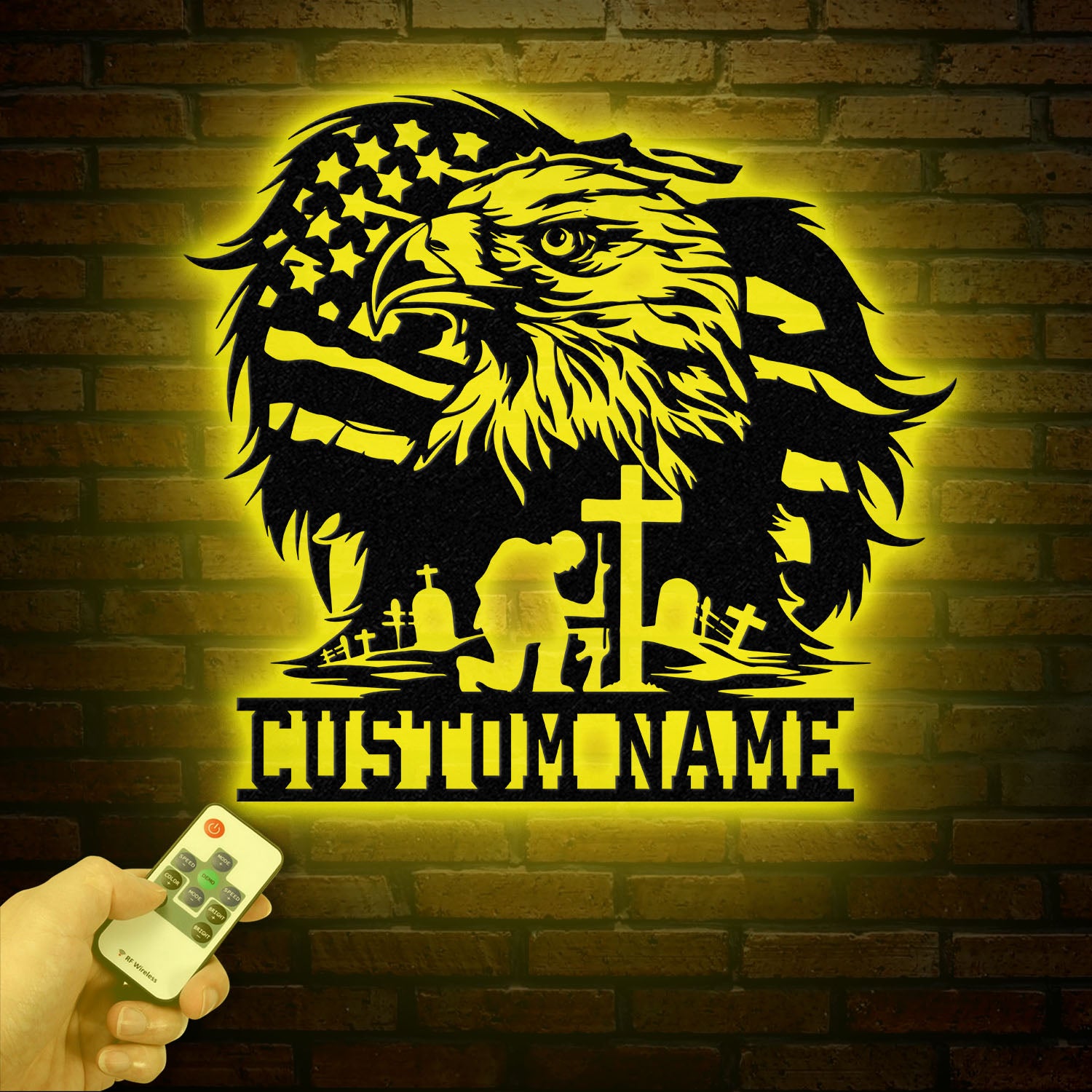 Custom Eagle Kneeling Soldier Metal Wall Art Led Light, US Soldier Metal Sign Veteran Name Sign, Patriotic Gift Veteran Gift, Memorial Sign