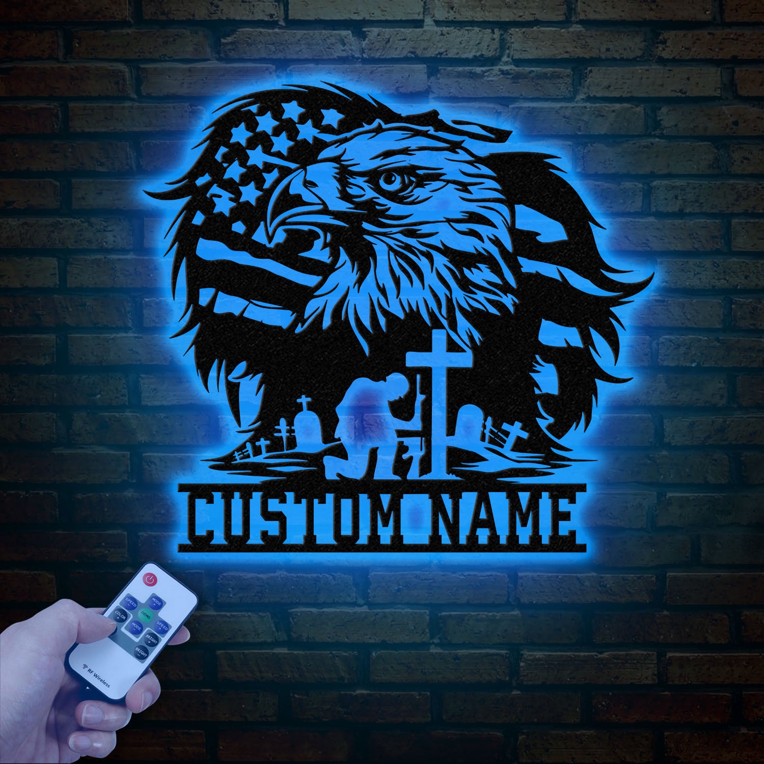 Custom Eagle Kneeling Soldier Metal Wall Art Led Light, US Soldier Metal Sign Veteran Name Sign, Patriotic Gift Veteran Gift, Memorial Sign