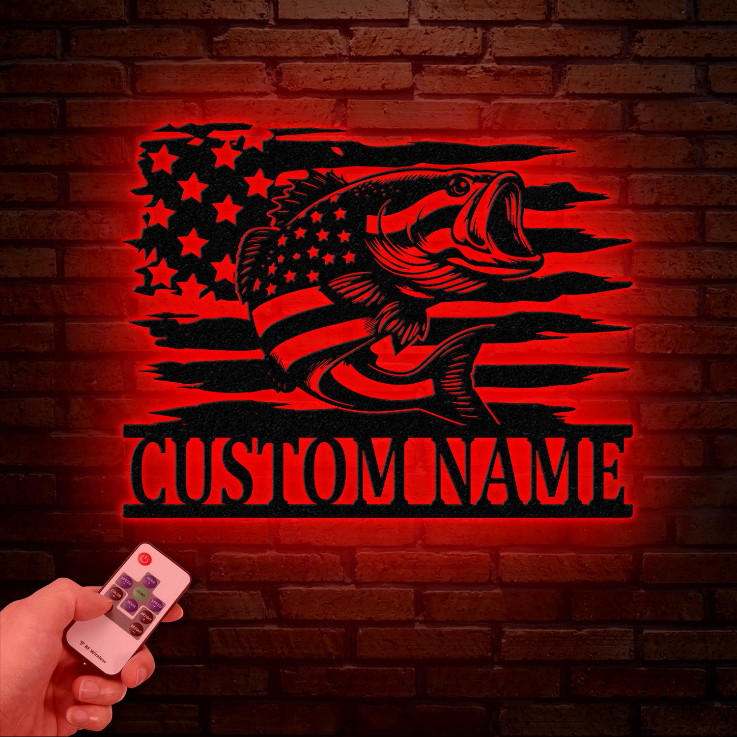 Custom US Flag Fishing Metal Sign with Led Lights, Fish name Sign, Personalized Fish Wall Art, Gift for Fisherman, Fishing Wall Decor,