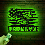 Custom US Flag Fishing Metal Sign with Led Lights, Fish name Sign, Personalized Fish Wall Art, Gift for Fisherman, Fishing Wall Decor,