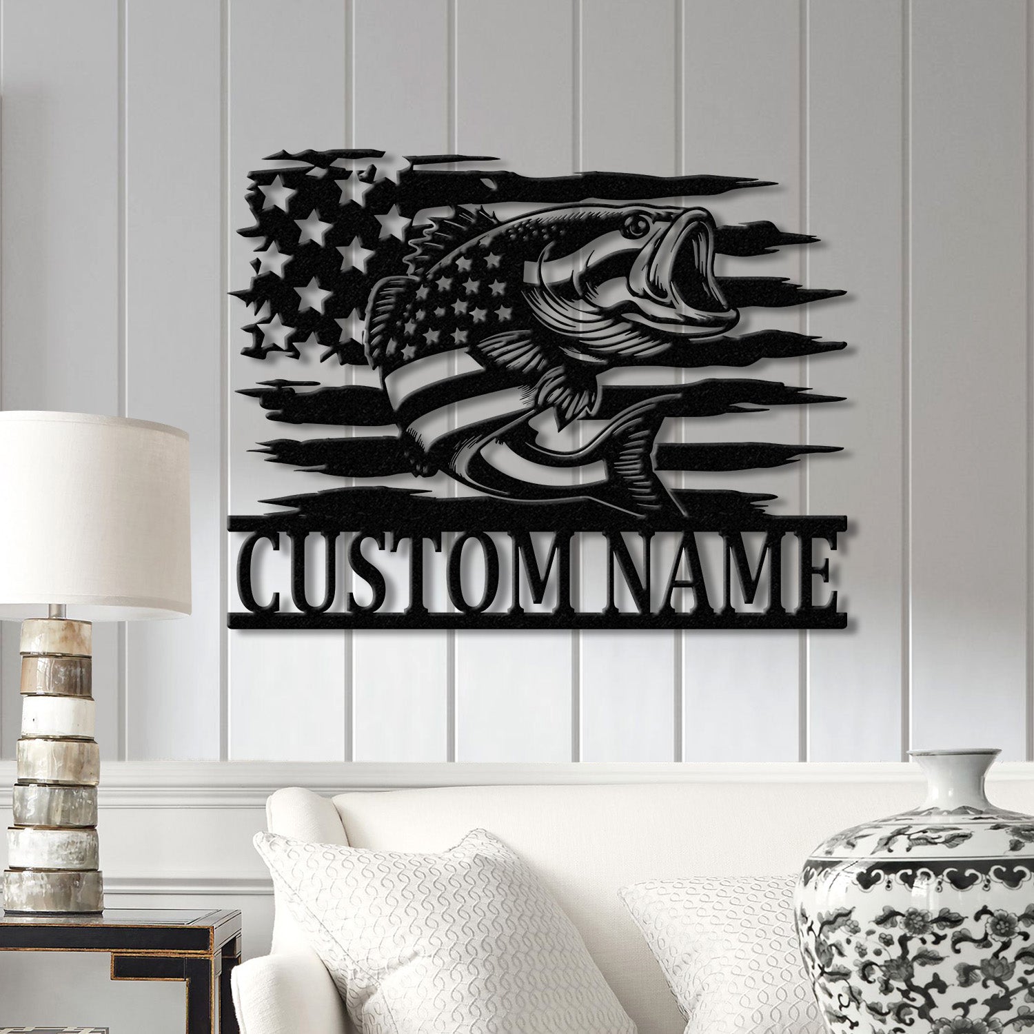 Custom US Flag Fishing Metal Sign with Led Lights, Fish name Sign, Personalized Fish Wall Art, Gift for Fisherman, Fishing Wall Decor,