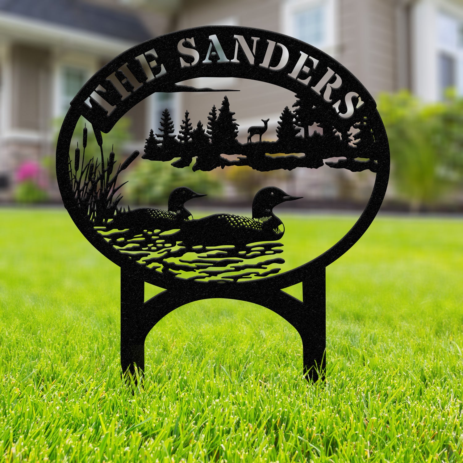 Outdoor Metal Sign with Lake Scene, Personalized Address or Lake Lot Sign, Garden Stake, Custom Name Sign, Garden Decor, Housewarming Gifts