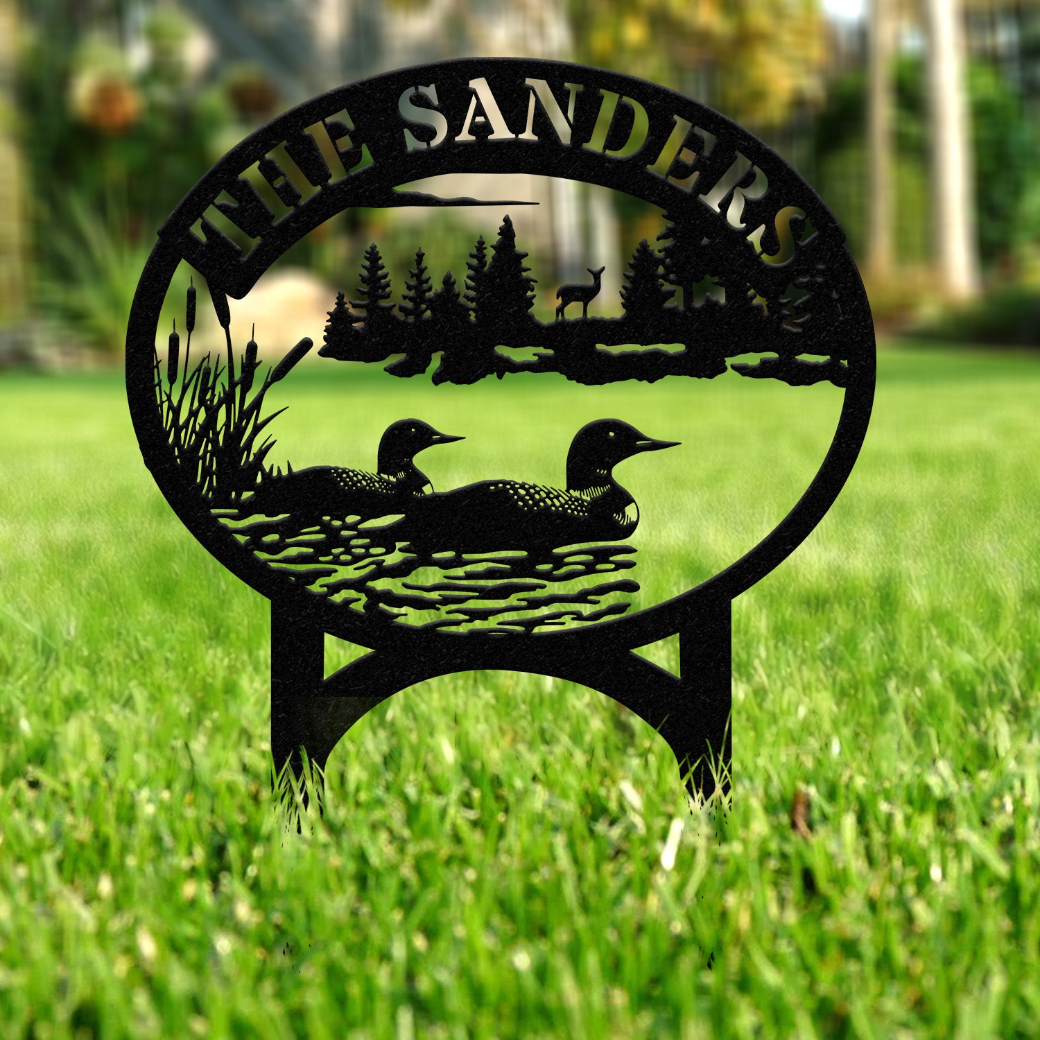 Outdoor Metal Sign with Lake Scene, Personalized Address or Lake Lot Sign, Garden Stake, Custom Name Sign, Garden Decor, Housewarming Gifts
