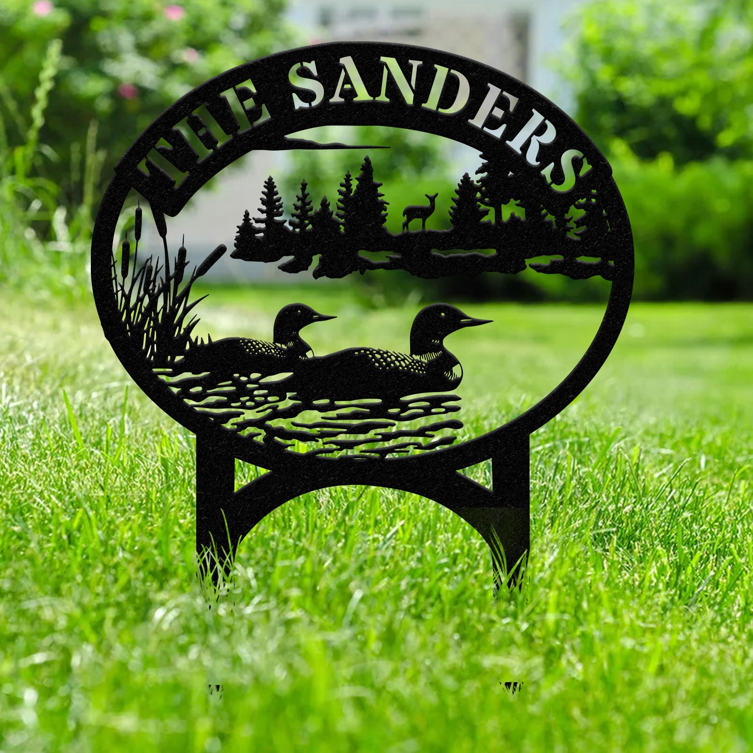 Outdoor Metal Sign with Lake Scene, Personalized Address or Lake Lot Sign, Garden Stake, Custom Name Sign, Garden Decor, Housewarming Gifts