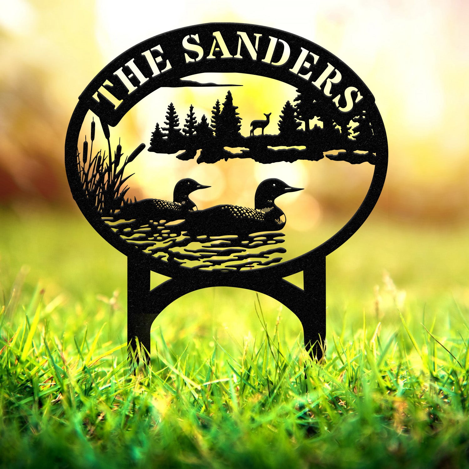 Outdoor Metal Sign with Lake Scene, Personalized Address or Lake Lot Sign, Garden Stake, Custom Name Sign, Garden Decor, Housewarming Gifts