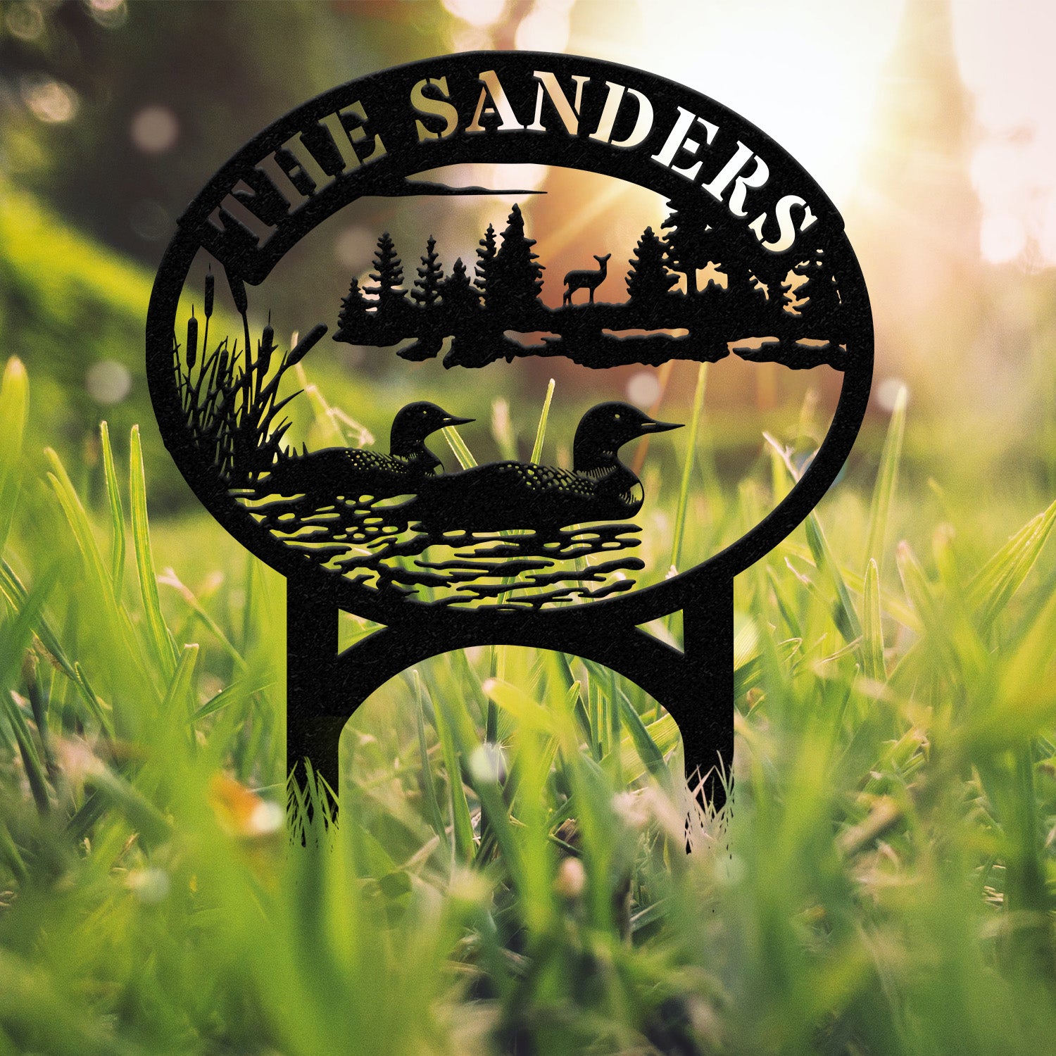 Outdoor Metal Sign with Lake Scene, Personalized Address or Lake Lot Sign, Garden Stake, Custom Name Sign, Garden Decor, Housewarming Gifts