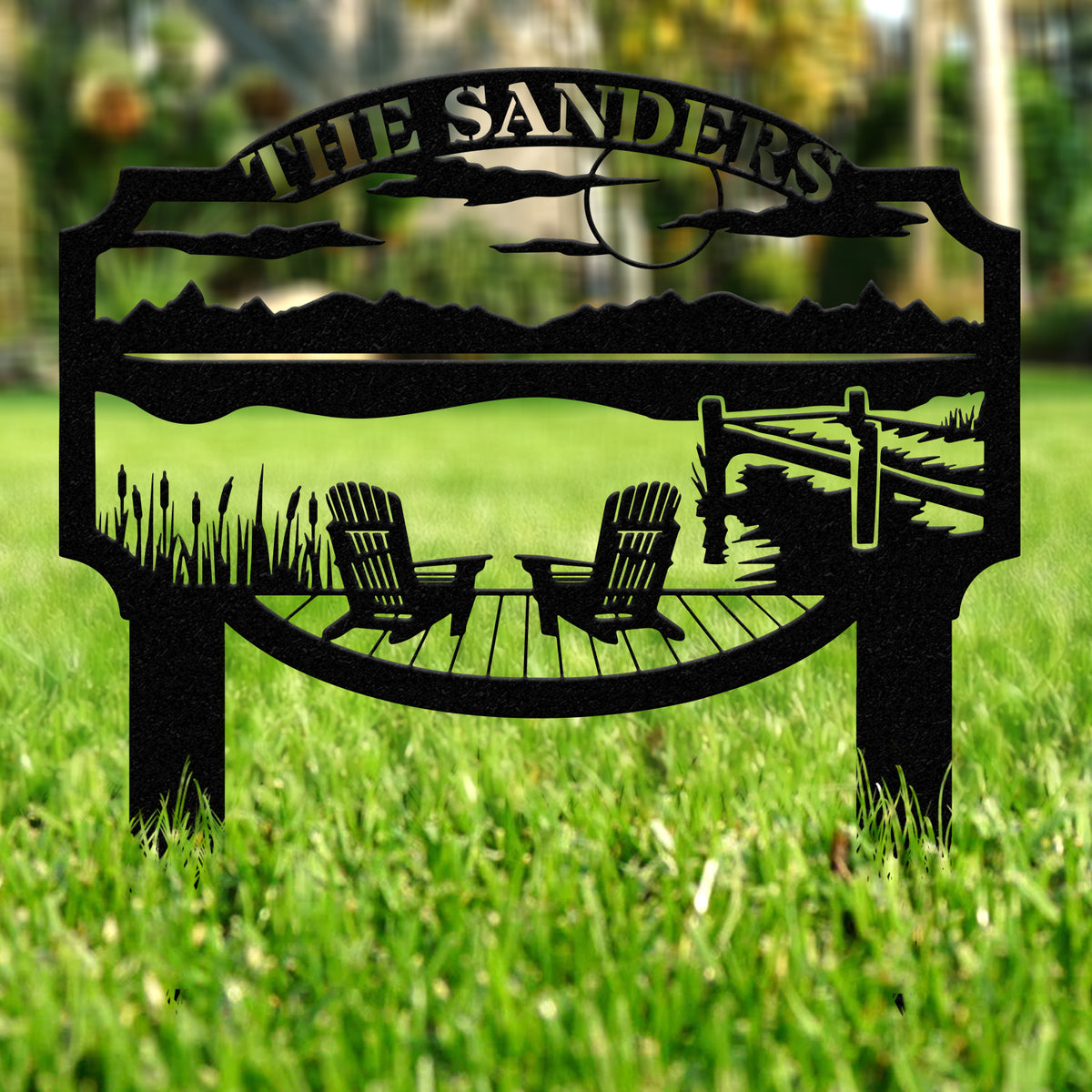 Outdoor Metal Sign with Lake Scene, Forest Lake Sign, Custom Lake House Name Sign, Camping Metal sign, Custom Name Sign, Front Porch Decor