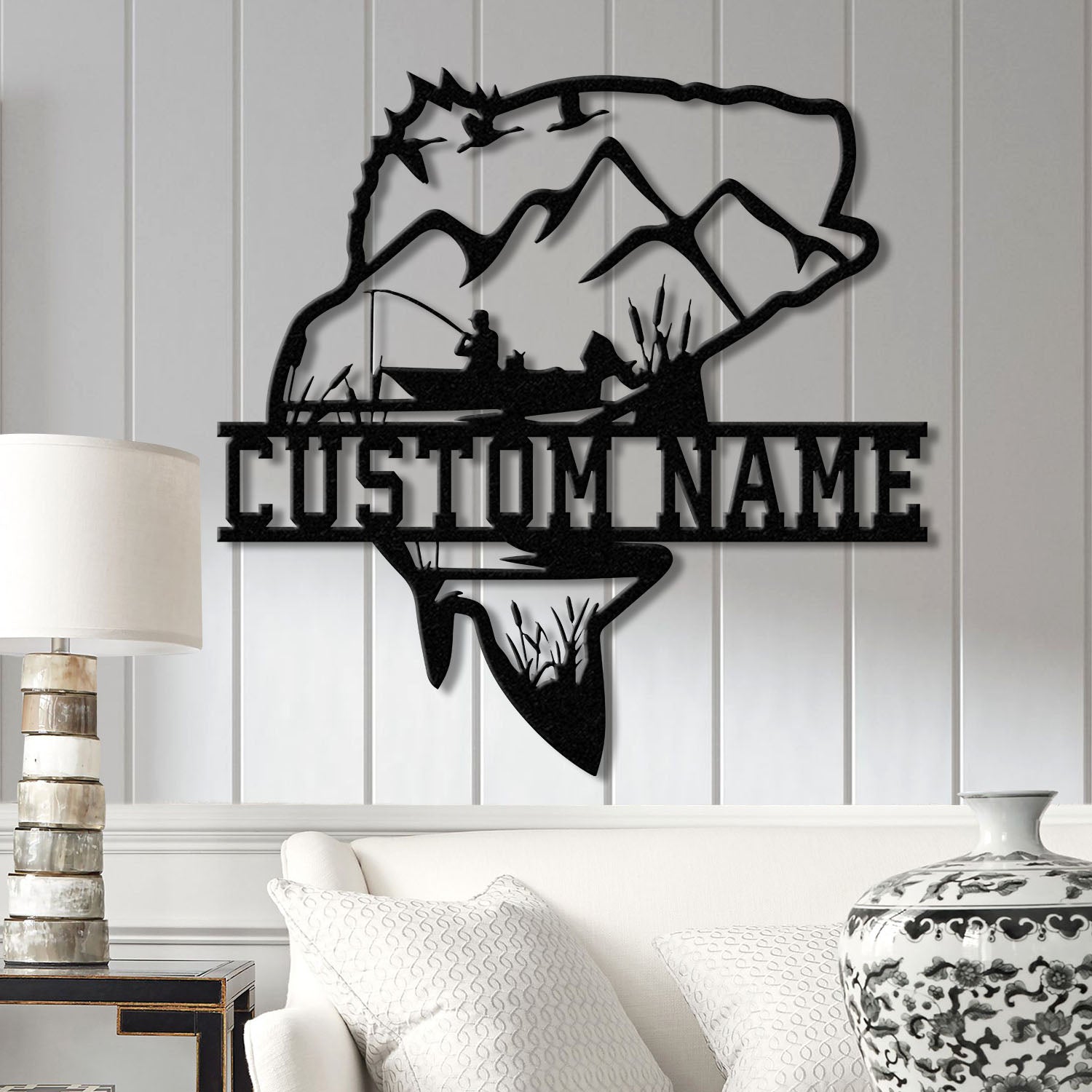 Custom Largemouth Bass Fishing Metal Sign with LED Light, Fishing Name Sign, Lake House Decor Fish Art Wall Sculpture, Bass Fishing Gift