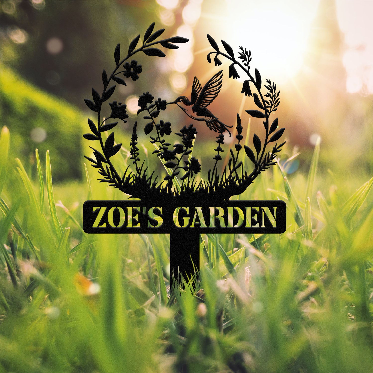 Custom Hummingbird Metal Garden Stake, Bird with Stakes Garden Sign, Personalized Garden Name Sign, Gardener Gift, Outdoor Decor