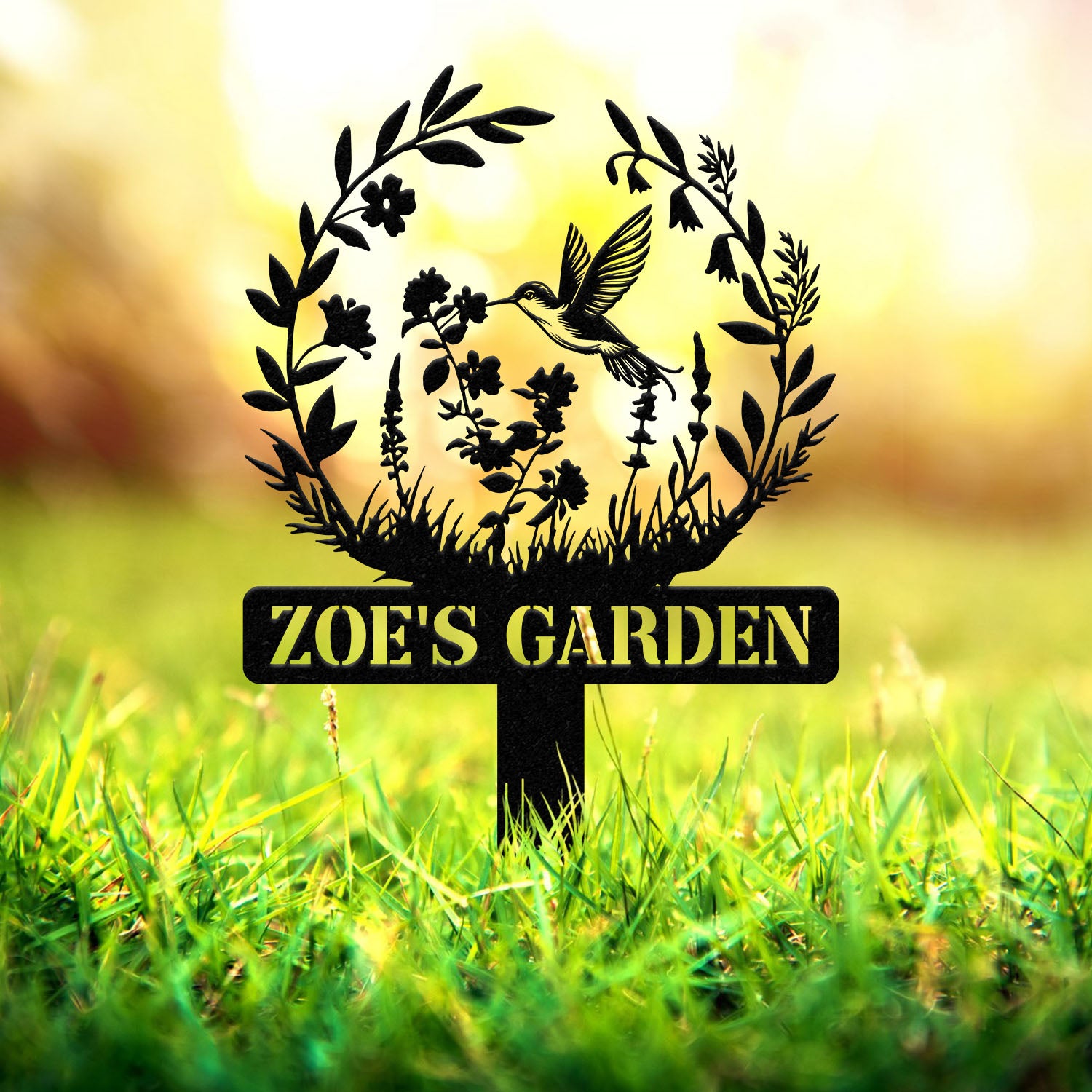 Custom Hummingbird Metal Garden Stake, Bird with Stakes Garden Sign, Personalized Garden Name Sign, Gardener Gift, Outdoor Decor