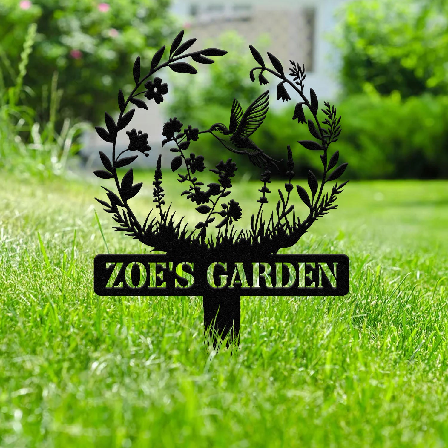Custom Hummingbird Metal Garden Stake, Bird with Stakes Garden Sign, Personalized Garden Name Sign, Gardener Gift, Outdoor Decor