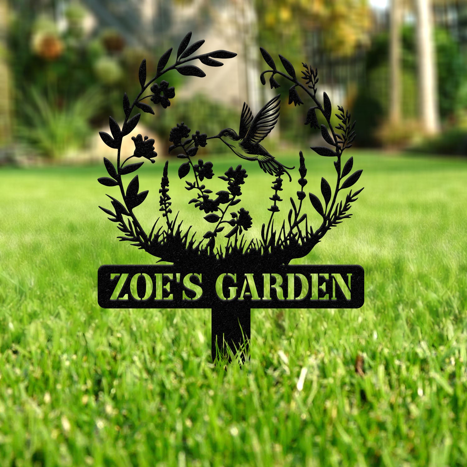 Custom Hummingbird Metal Garden Stake, Bird with Stakes Garden Sign, Personalized Garden Name Sign, Gardener Gift, Outdoor Decor
