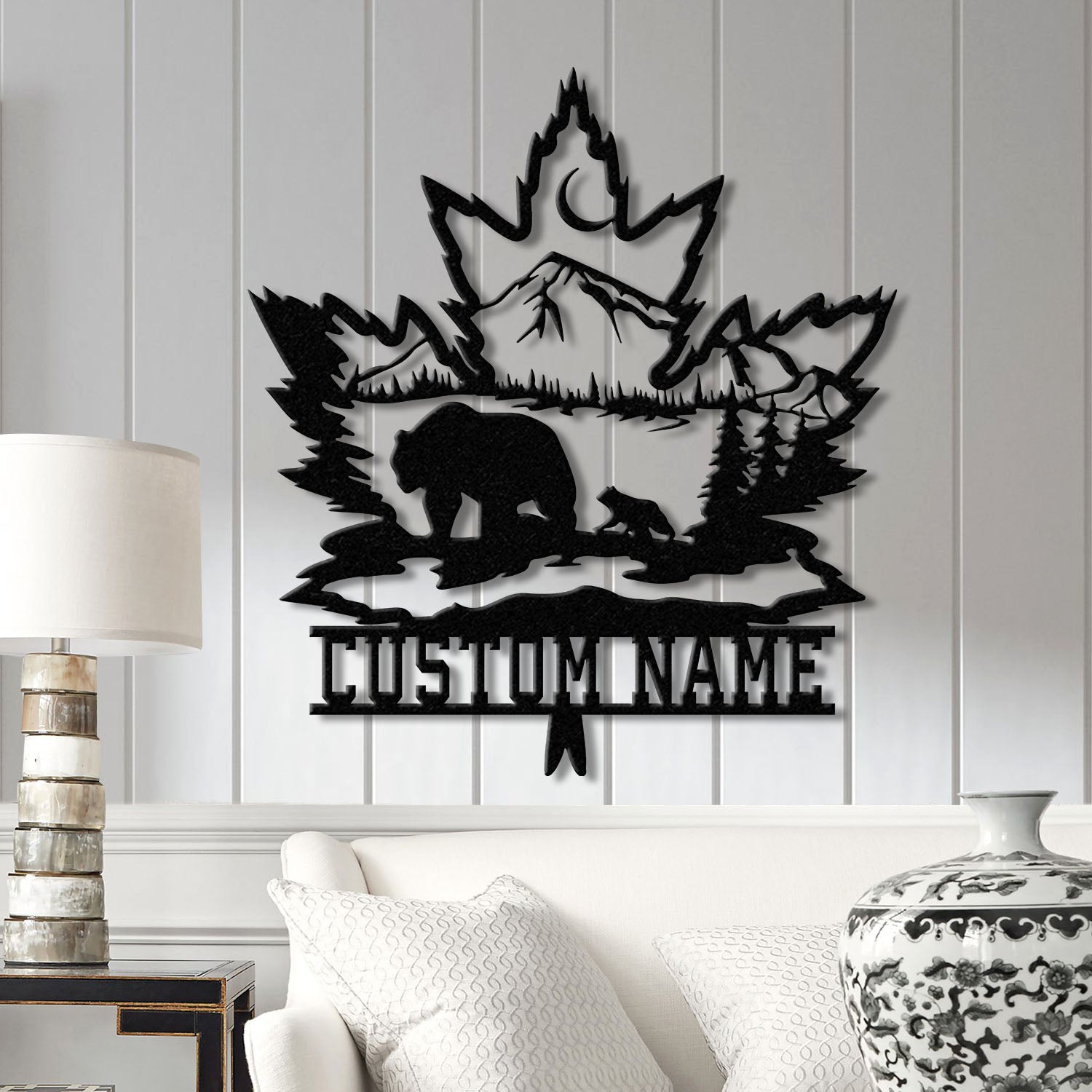 Custom Maple Leaf Metal Sign with Led Light, Personalized Bear Cub Mountain Scene Metal Wall Art, Custom Name Sign, Cabin Sign, Gift For Dad