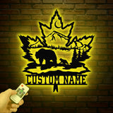Custom Maple Leaf Metal Sign with Led Light, Personalized Bear Cub Mountain Scene Metal Wall Art, Custom Name Sign, Cabin Sign, Gift For Dad