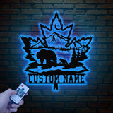 Custom Maple Leaf Metal Sign with Led Light, Personalized Bear Cub Mountain Scene Metal Wall Art, Custom Name Sign, Cabin Sign, Gift For Dad