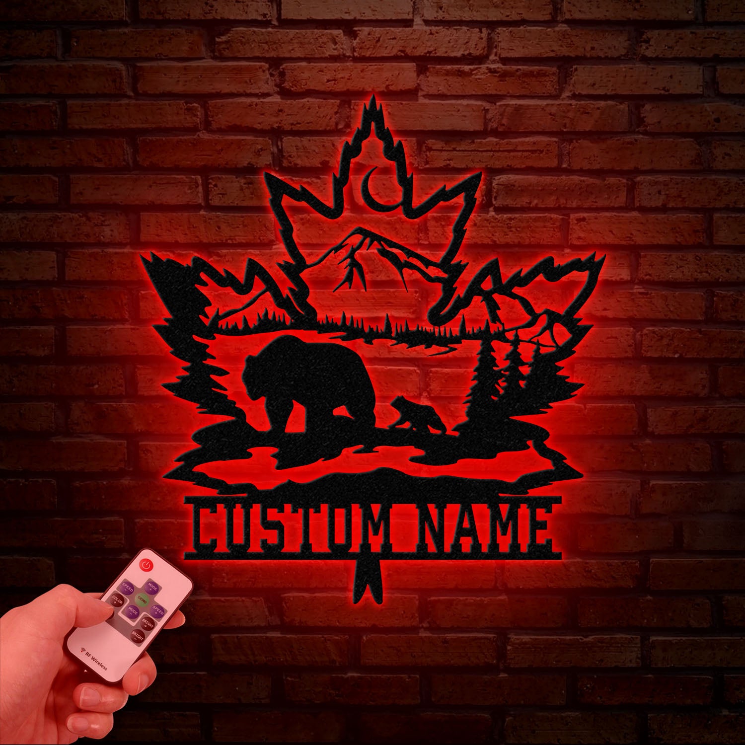 Custom Maple Leaf Metal Sign with Led Light, Personalized Bear Cub Mountain Scene Metal Wall Art, Custom Name Sign, Cabin Sign, Gift For Dad