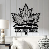 Custom Maple Leaf Metal Sign with Led Light, Personalized Woodland Deer Metal Wall Art, Custom Name Sign, Cabin Sign, Gift For Dad