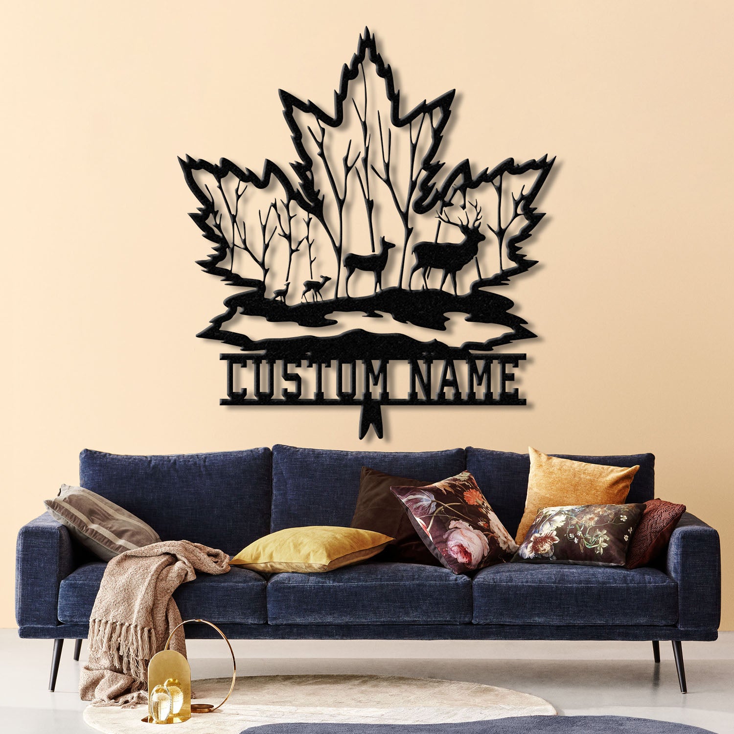 Custom Maple Leaf Metal Sign with Led Light, Personalized Woodland Deer Metal Wall Art, Custom Name Sign, Cabin Sign, Gift For Dad