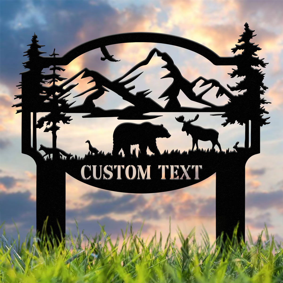 Personalized Bear In Woods Metal Sign Stake, Custom Family Name Sign, Last Name Signs, Cabin Sign, Bear Sign, Gift For Dad