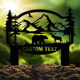 Personalized Bear In Woods Metal Sign Stake, Custom Family Name Sign, Last Name Signs, Cabin Sign, Bear Sign, Gift For Dad