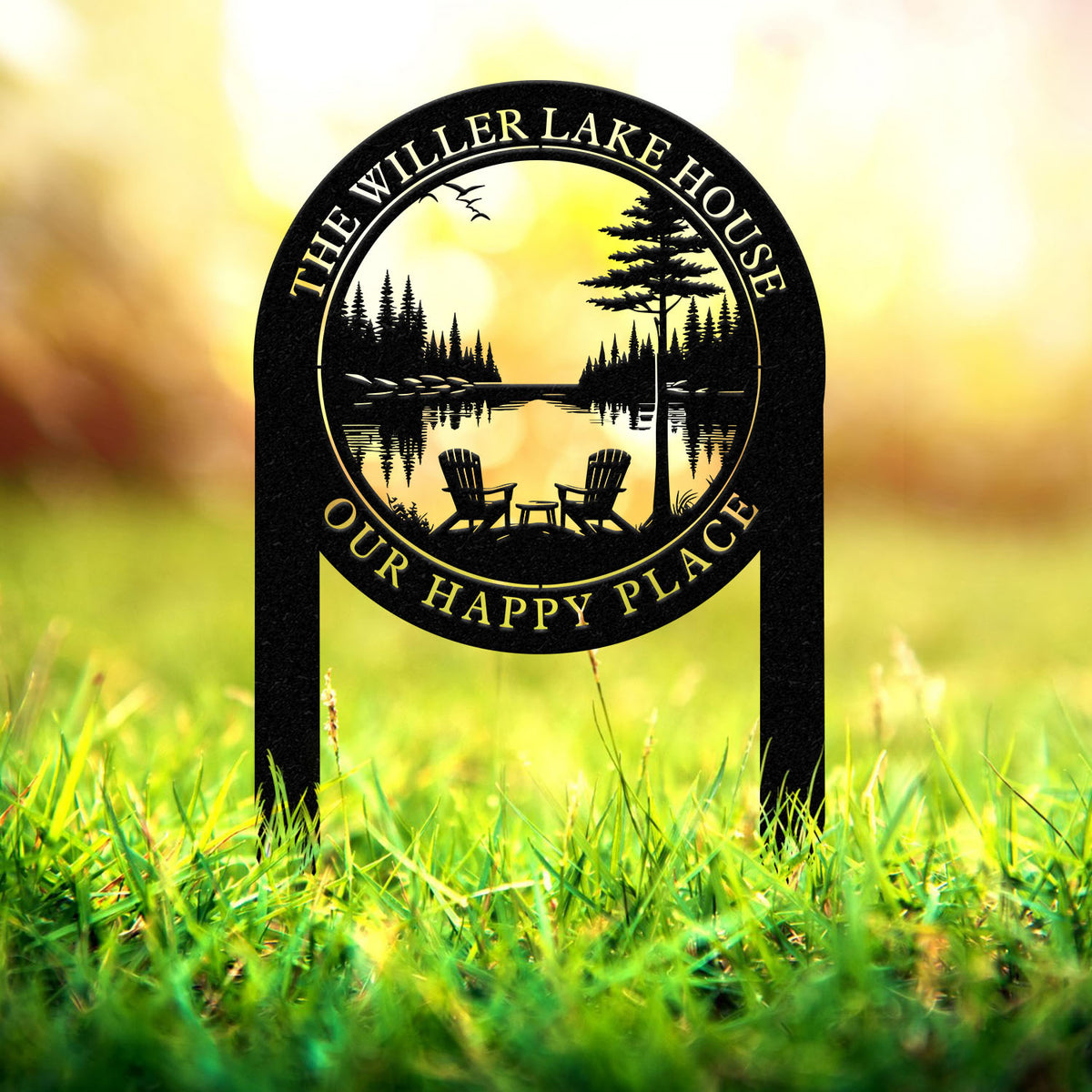 Outdoor Metal Sign with Lake Scene, Forest Lake Sign, Custom Lake House Name Sign, Camping Metal sign, Custom Name Sign, Front Porch Decor