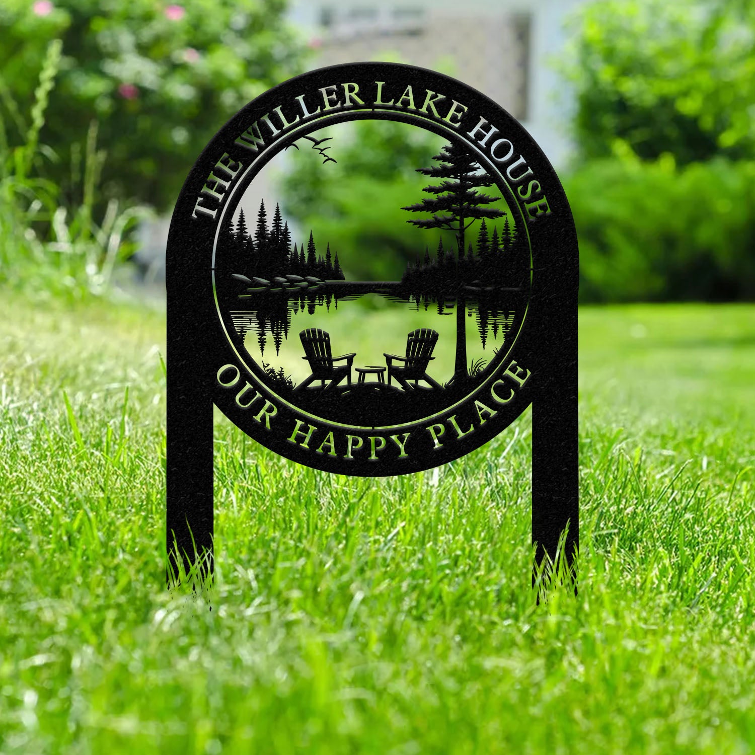 Outdoor Metal Sign with Lake Scene, Forest Lake Sign, Custom Lake House Name Sign, Camping Metal sign, Custom Name Sign, Front Porch Decor