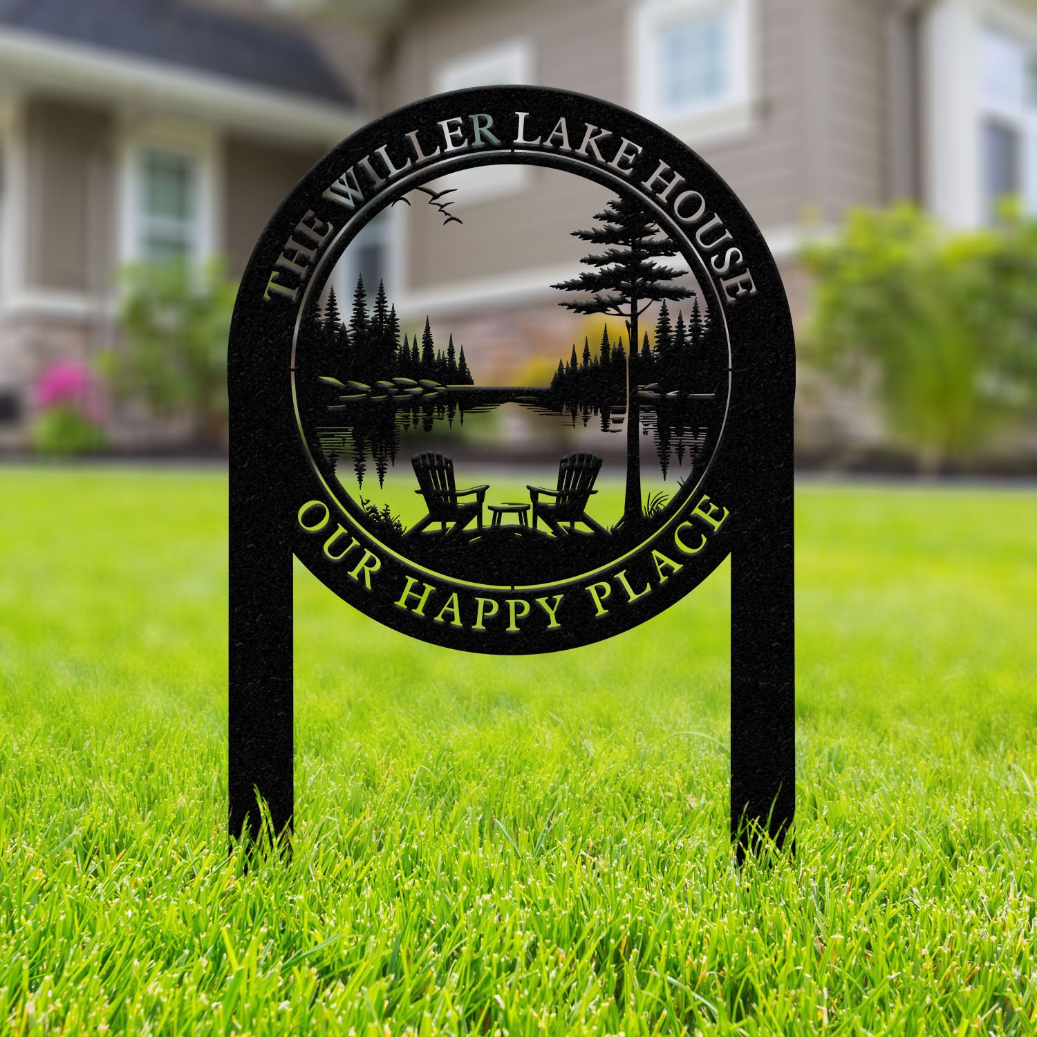 Outdoor Metal Sign with Lake Scene, Forest Lake Sign, Custom Lake House Name Sign, Camping Metal sign, Custom Name Sign, Front Porch Decor
