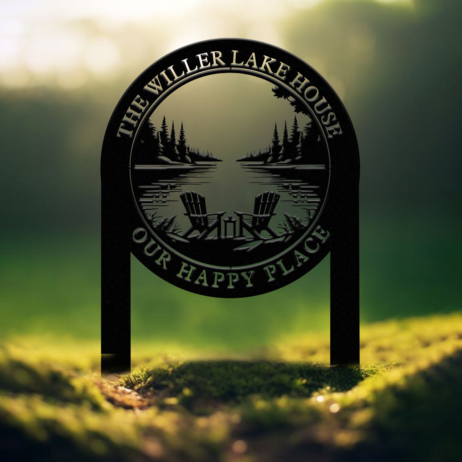 Outdoor Metal Sign with Lake Scene, Forest Lake Sign, Custom Lake House Name Sign, Camping Metal sign, Custom Name Sign, Front Porch Decor