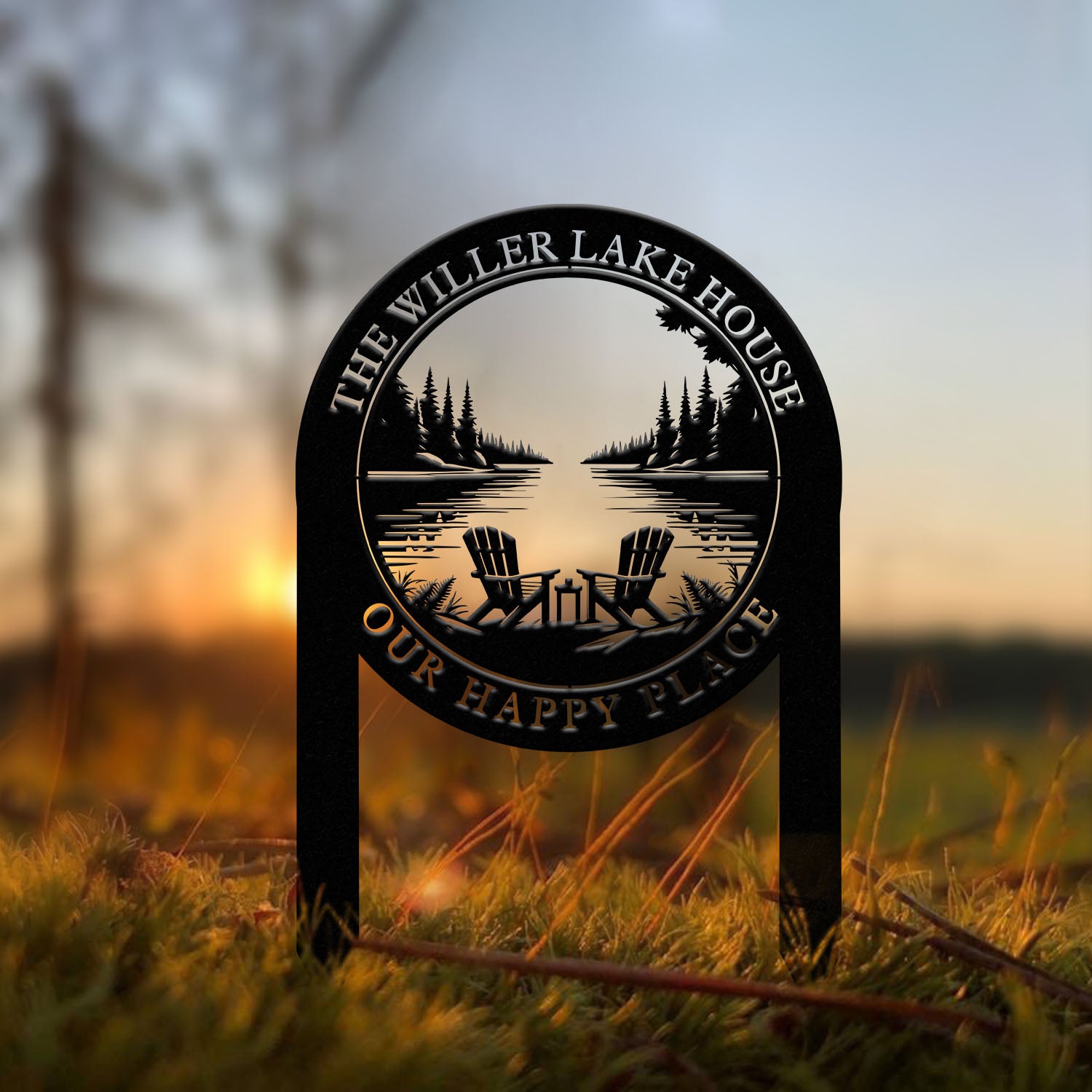 Outdoor Metal Sign with Lake Scene, Forest Lake Sign, Custom Lake House Name Sign, Camping Metal sign, Custom Name Sign, Front Porch Decor