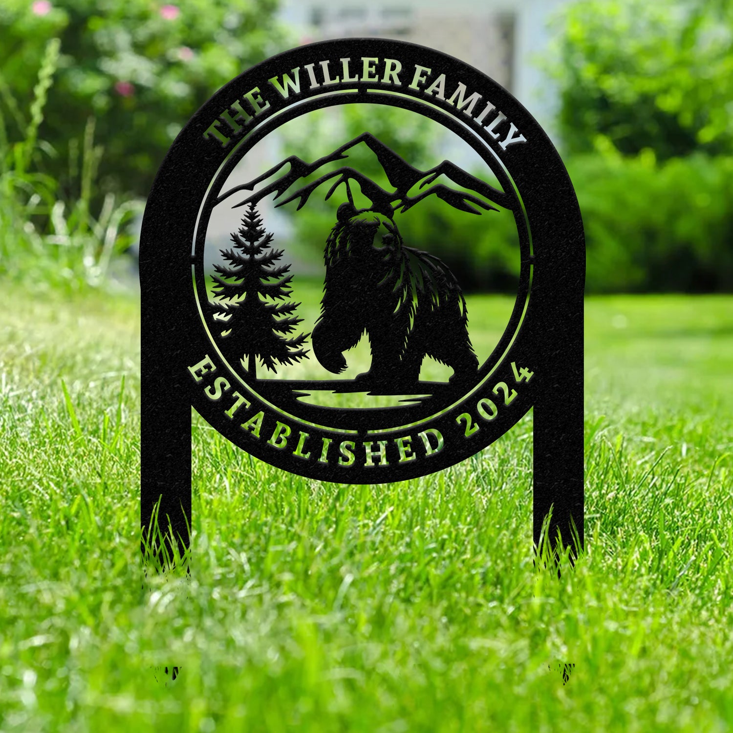 Personalized Bear In Woods Metal Sign Stake, Custom Family Name Sign, Last Name Signs, Cabin Sign, Bear Sign, Gift For Dad