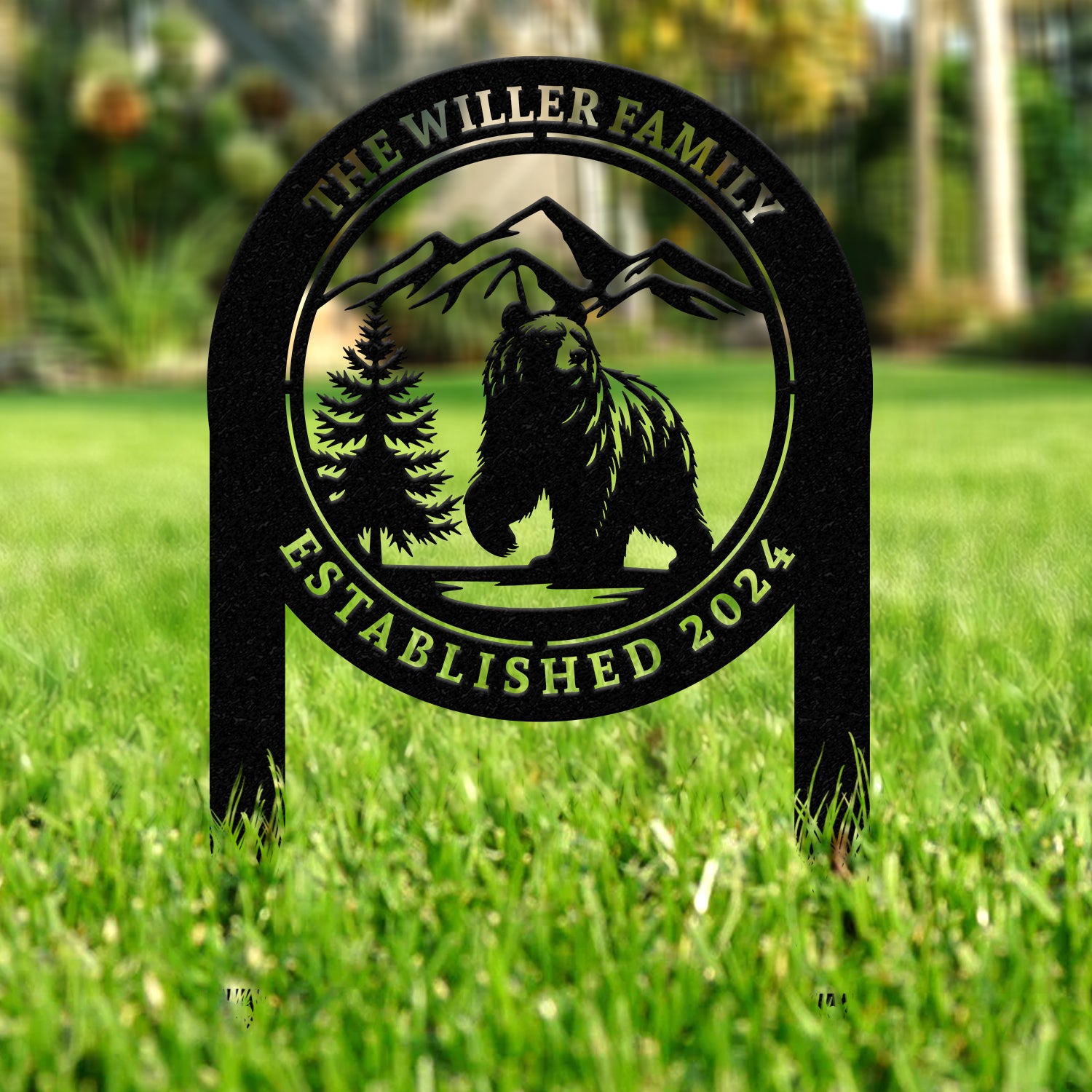 Personalized Bear In Woods Metal Sign Stake, Custom Family Name Sign, Last Name Signs, Cabin Sign, Bear Sign, Gift For Dad