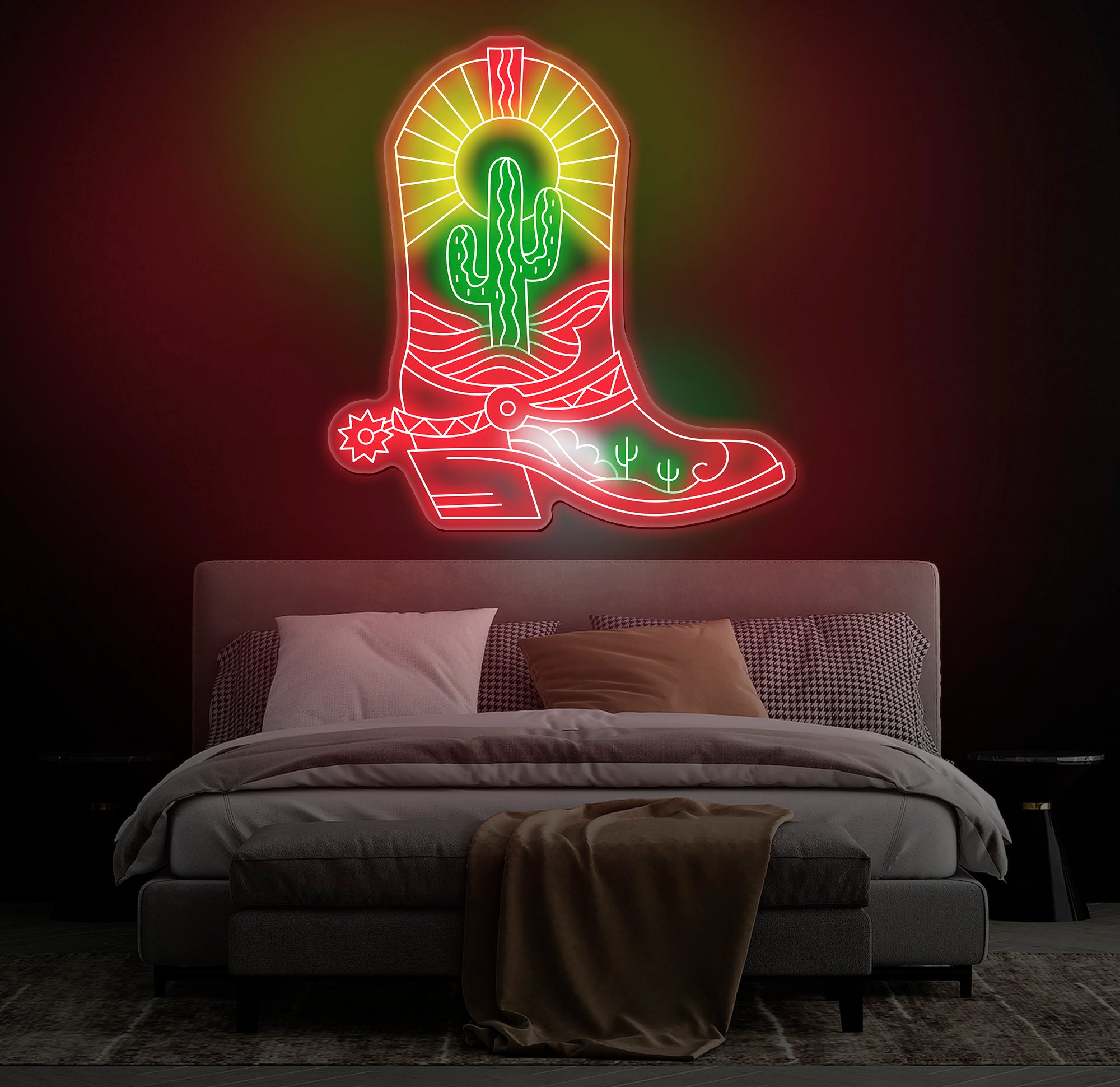 Cowboy Boots Cactus Neon Sign - Cowgirl Boots LED Light, Western Cactus Neon Art, Custom Western LED Decor, Bedroom Decor, Christmas Gifts