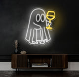 Ghost with Wine Glass Neon Sign - Fun Spooky Wine Lover LED Light, Ghost Party Decor, Bar Sign, Custom Wine Neon Art for Home & Bar Decor