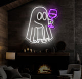 Ghost with Wine Glass Neon Sign - Fun Spooky Wine Lover LED Light, Ghost Party Decor, Bar Sign, Custom Wine Neon Art for Home & Bar Decor