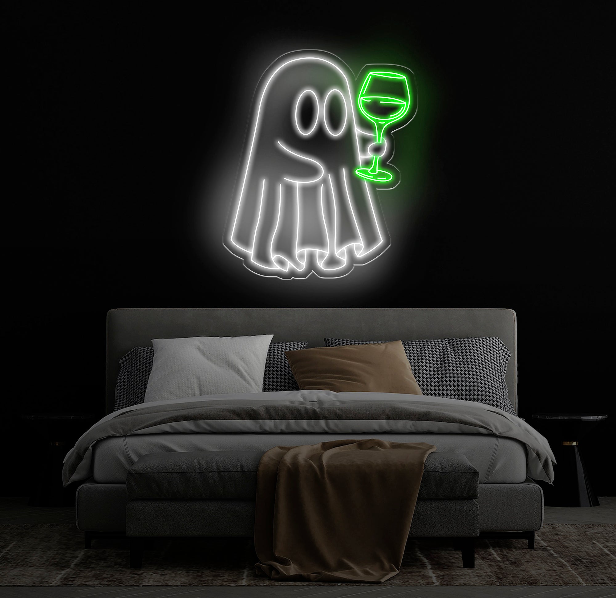 Ghost with Wine Glass Neon Sign - Fun Spooky Wine Lover LED Light, Ghost Party Decor, Bar Sign, Custom Wine Neon Art for Home & Bar Decor