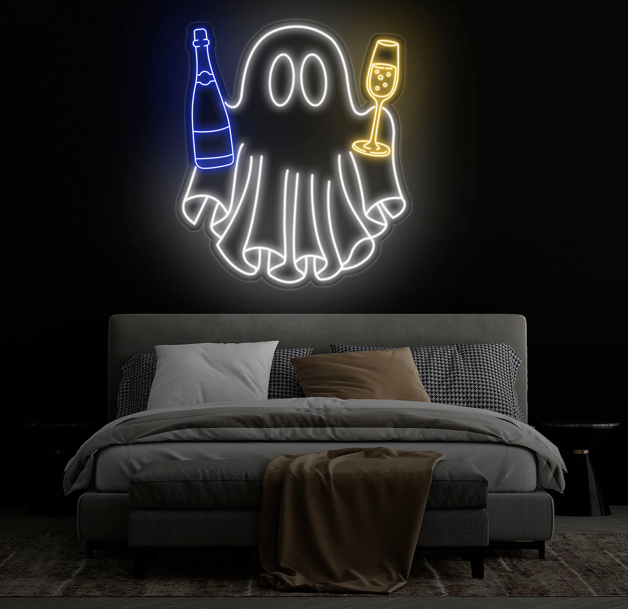 Champagne Ghost Neon Sign - Custom Halloween Bar Decor, Wine and Spirits Neon Light, Unique Party Wall Art, LED Ghost Sign for Celebrations