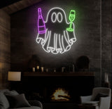 Champagne Ghost Neon Sign - Custom Halloween Bar Decor, Wine and Spirits Neon Light, Unique Party Wall Art, LED Ghost Sign for Celebrations