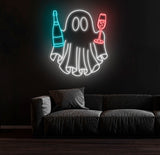 Champagne Ghost Neon Sign - Custom Halloween Bar Decor, Wine and Spirits Neon Light, Unique Party Wall Art, LED Ghost Sign for Celebrations