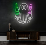 Champagne Ghost Neon Sign - Custom Halloween Bar Decor, Wine and Spirits Neon Light, Unique Party Wall Art, LED Ghost Sign for Celebrations