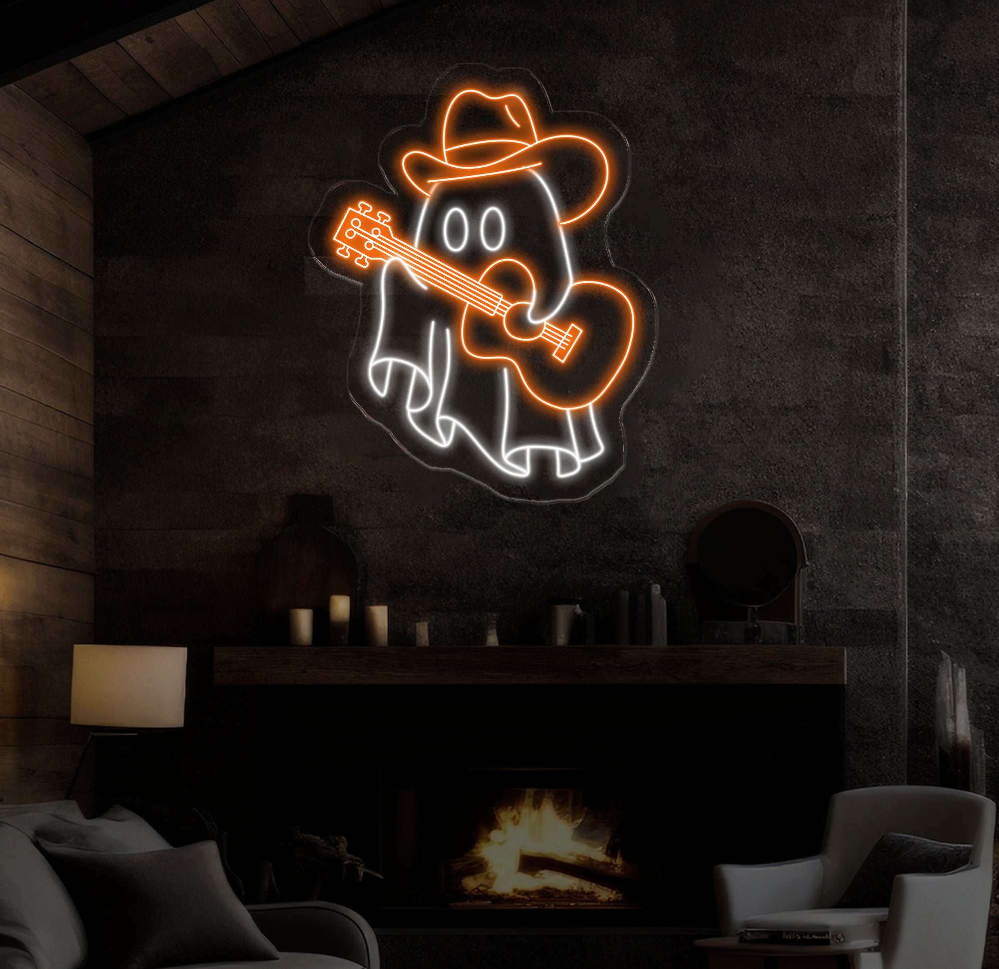 Cowboy Ghost Playing Guitar Neon Sign, Spooky Western LED Light, Ghost Music Neon Art, Custom Cowboy Ghost for Bar, Game Room Decor