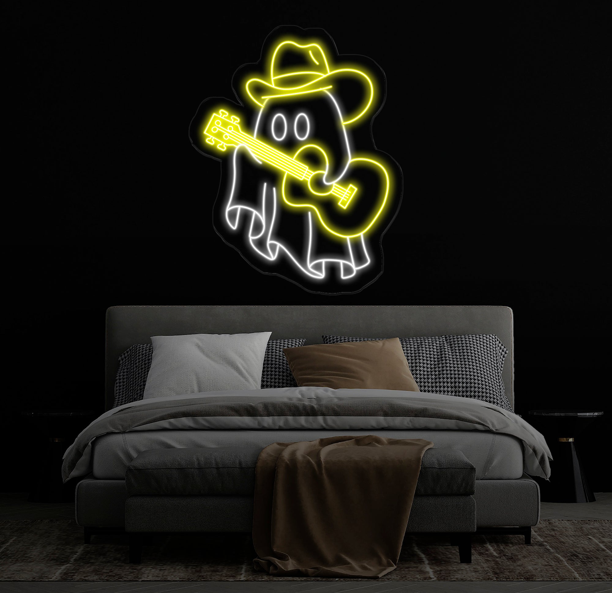 Cowboy Ghost Playing Guitar Neon Sign, Spooky Western LED Light, Ghost Music Neon Art, Custom Cowboy Ghost for Bar, Game Room Decor