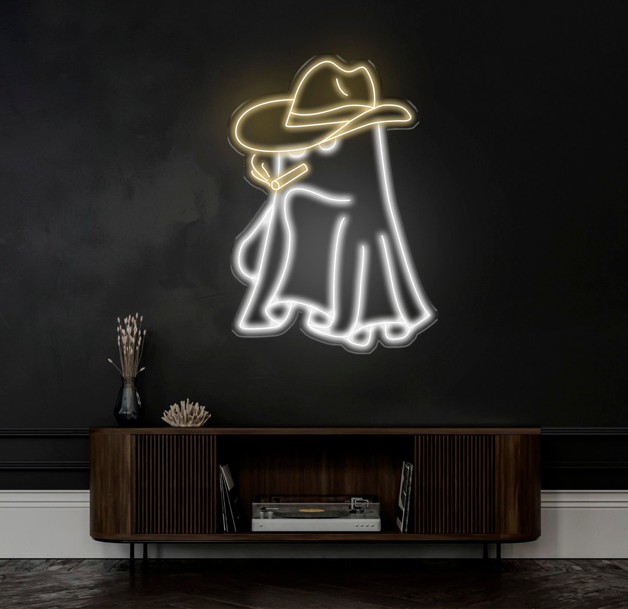 Cowboy Ghost Smoking Neon Sign - Western Ghost LED Light, Spooky Cowboy Decor, Custom Smoking Ghost Sign for Bar, Bedroom & Game Room