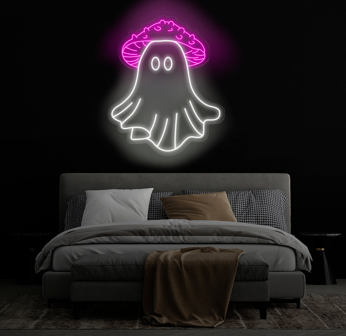 Mushroom Ghost Neon Sign - Spooky LED Wall Art, Custom Halloween Neon Light, Fun Ghost Decor for Home or Party, Unique Mushroom Wall Decor