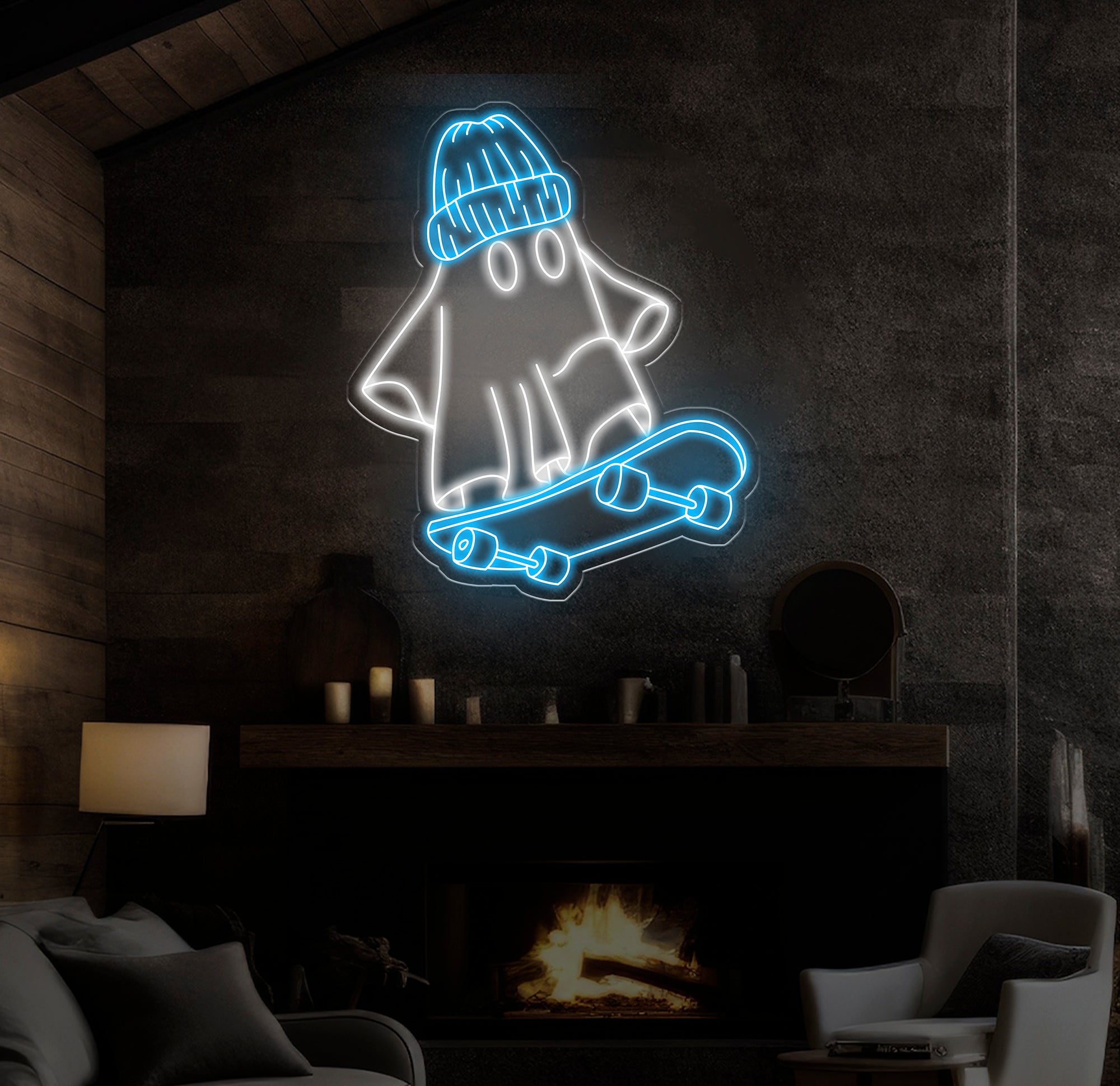 Skater Ghost Neon Sign - Cool Ghost with Skateboard LED Light, Custom Wall Decor, Skateboarder Room Art, Fun Halloween Neon Gift