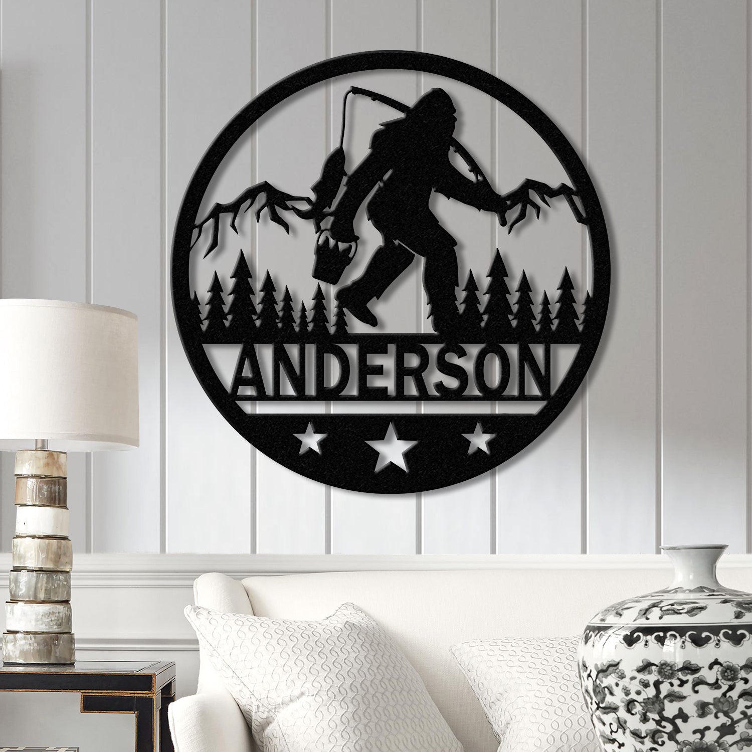 Custom Sasquatch Fishing Metal Sign - Bigfoot Mountain Yard Art, Personalized Metal Yeti Sign, Outdoor Bigfoot Yard Decor, Fishing Decor